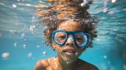 Fototapeta premium Little kid child male toddler or boy with goggles swimming in the pool, underwater diving in the sea. Summer vacation, healthy sport activities, beach holiday, having fun, blue ocean, swimwear