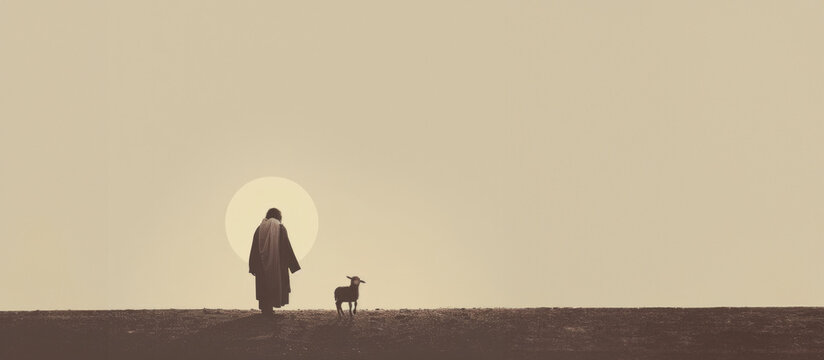 Parable of the Lost Sheep. Silhouette of a man with a sheep on the hill.