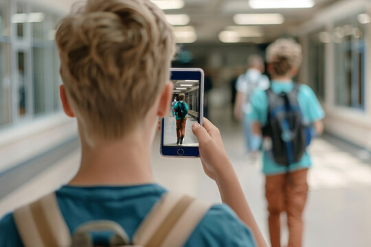 Teen boy holds phone in his hands and records video of another kid in school corridor. Teenager bullies classmate, filming on smartphone for social media. School bullying, harassment, cyber bullying