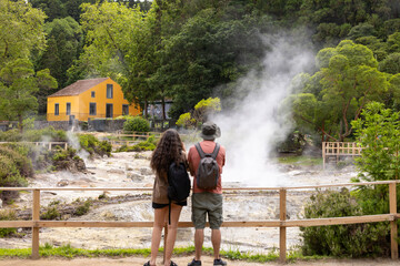 Caldera in Furnas Lake "Lagoa das Furnas". Caldera is a volcanic steam for cooking food in the hot ground. São Miguel island, Azores.