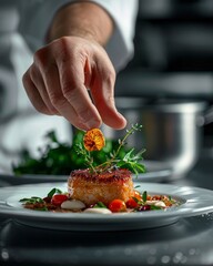 Chef's hand garnishing a gourmet dish with herbs on a plate. Culinary concept. Detailed food photography in a professional kitchen setting. Perfect image for cooking websites and menus. AI