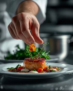 Naklejki Chef's hand garnishing a gourmet dish with herbs on a plate. Culinary concept. Detailed food photography in a professional kitchen setting. Perfect image for cooking websites and menus. AI