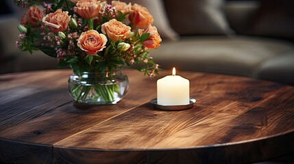 Obraz premium A wooden table top made of sawn wood in the interior of the room on the background of a sofa 