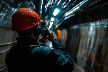 Engineer using handheld device in underground tunnel