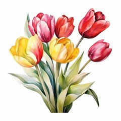 Fototapeta premium Watercolor Painting of a Bouquet of Colorful Tulips