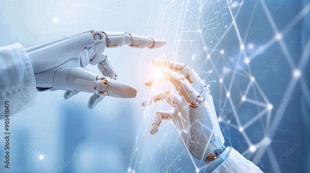 Poster 3d rendering of robot hand vs human hand touching digital world and virtual graphic interface and ar