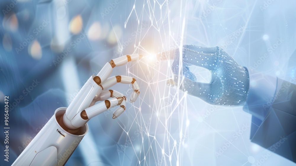 Poster 3d rendering of robot hand vs human hand touching digital world and virtual graphic interface and ar