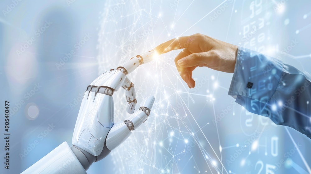 Poster 3d rendering of robot hand vs human hand touching digital world and virtual graphic interface and ar