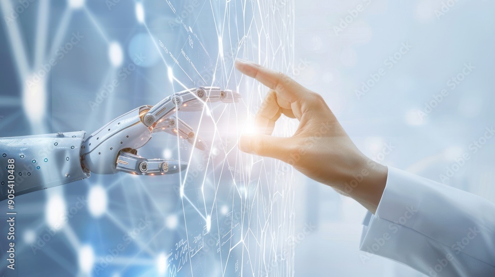 Poster 3d rendering of robot hand vs human hand touching digital world and virtual graphic interface and ar