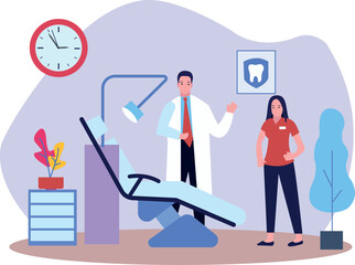 The doctor is standing near the dentist chair.