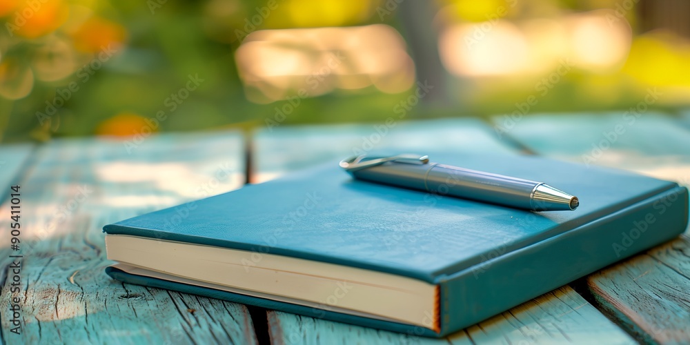 Poster a blue notebook with a pen on top of it. the pen is silver and has a keychain attached to it. the no