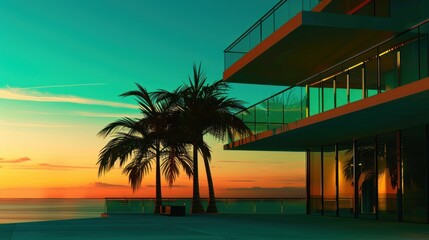 Obraz premium Sunset at the beach with modern buildings and palm trees.