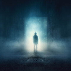Threshold of the Unknown: A lone figure shrouded in mist stands before a luminous doorway, radiating ethereal light in a realm of mystery and suspense.