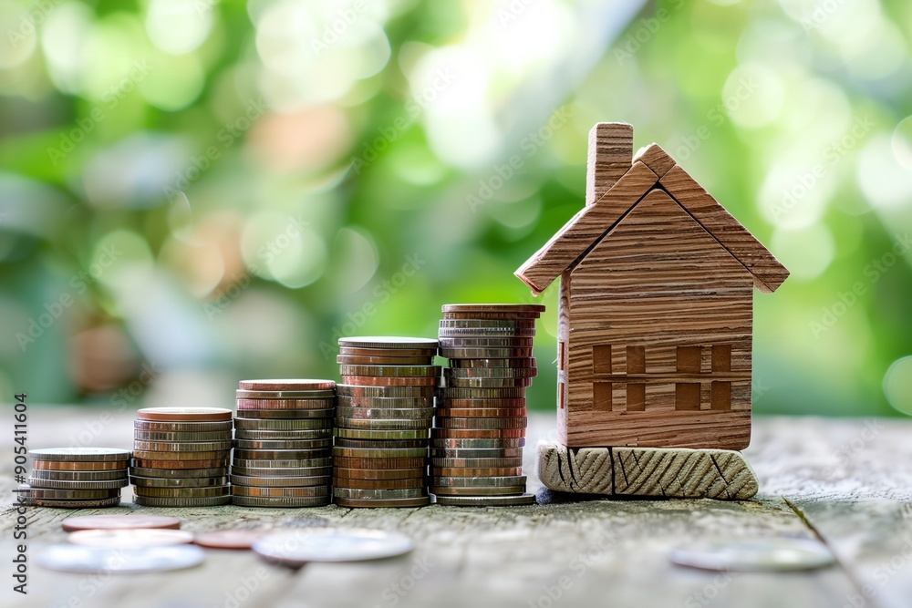 Poster a stack of coins is on top of a wooden house. the coins are of different sizes and colors, and they 