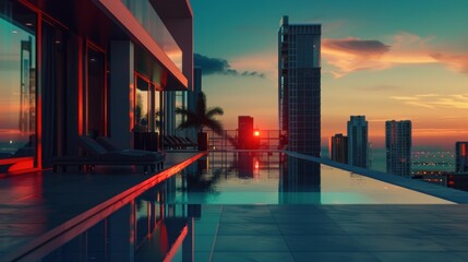 Obraz premium Luxurious rooftop infinity pool with sunset view