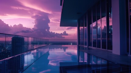 High-rise glass building with rooftop pool at dusk time.