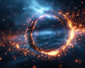 Black hole with intense gravitational pull amidst a field of stars, with glowing lights forming an O, set against a dark, abstract space background