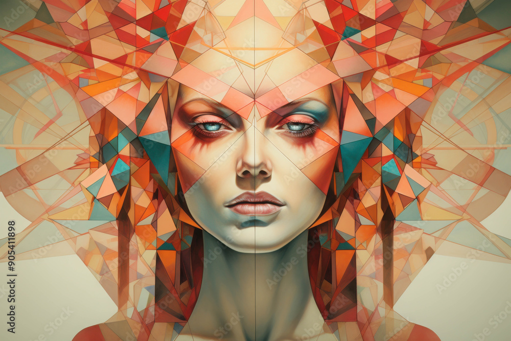 Poster geometric portrait: a woman's face is rendered in a mesmerizing geometric style, with intricate tria