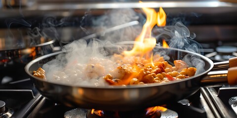 A pan of food is cooking on a stove with smoke and flames rising from it. Concept of excitement and anticipation as the food cooks, and the smoke and flames add to the visual appeal of the image