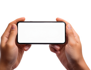 Hands Holding Smartphone Horizontally with Blank Screen