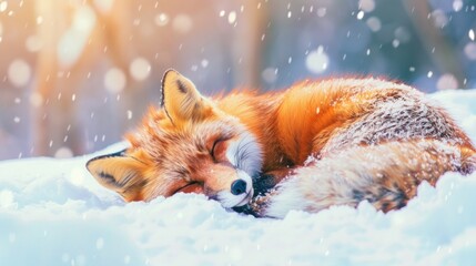 Obraz premium A cute red fox is sleeping in the snow banner design with empty copy space for text. A bright red fox vulpes curled up in a snowbank on a snowy day