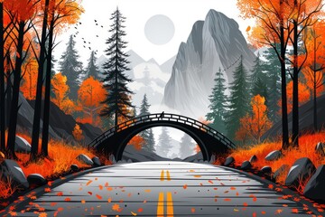 Bridge to the Mountains in Autumn