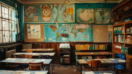 Vintage Classroom with World Maps and Bookshelves.