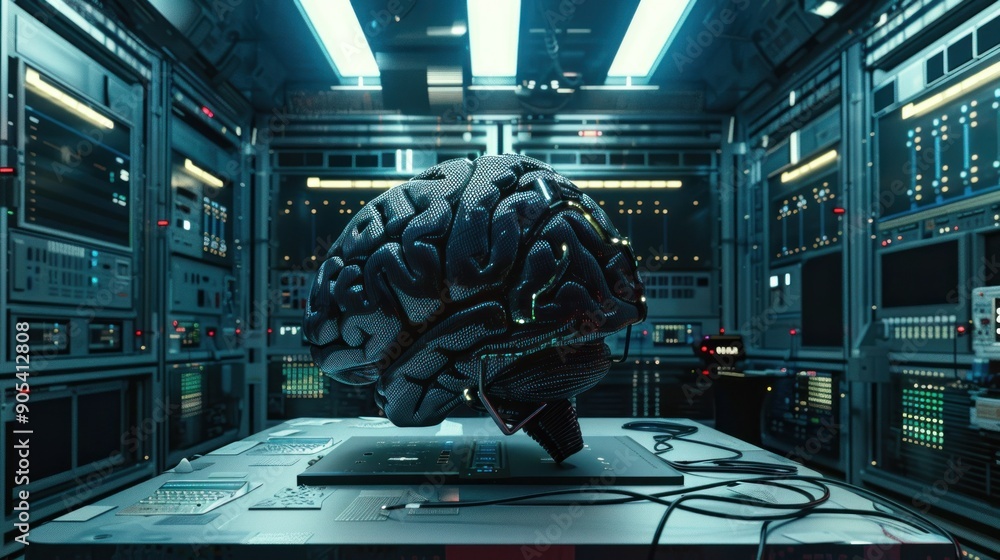Poster A futuristic technology concept incorporating an electronic brain, neural data storage machine, stock neural system, and generative AI