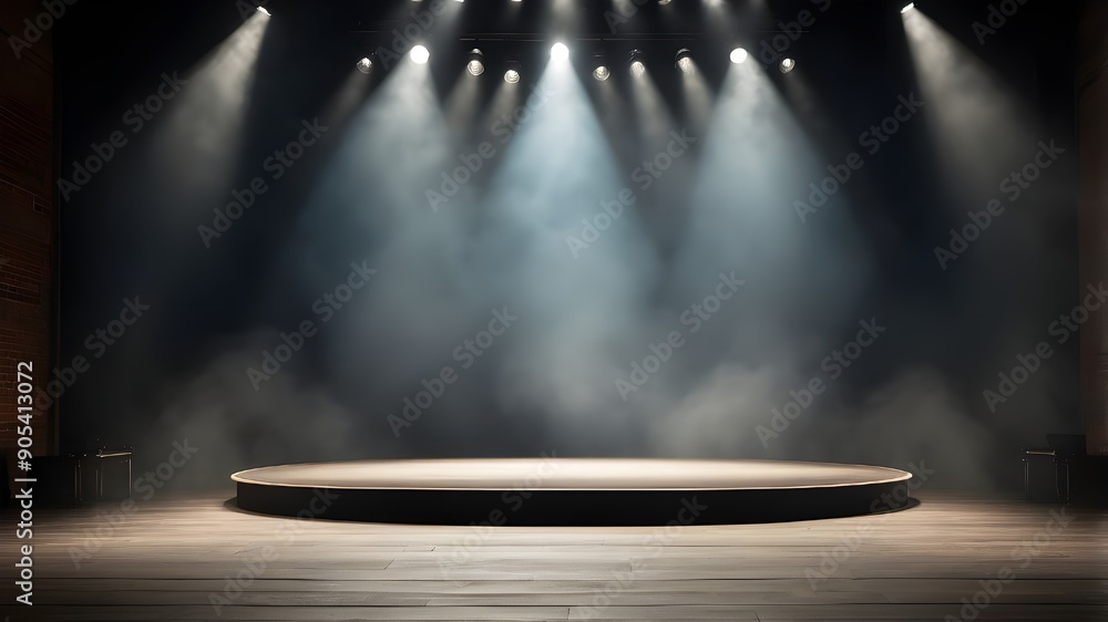 Poster a vacant stage featuring brilliant spotlights and a fog effect, with blank space for text and copy s