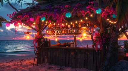 Beach kiosk decorated with hanging lights and tropical flowers, with a colorful drinks bar. generative ai