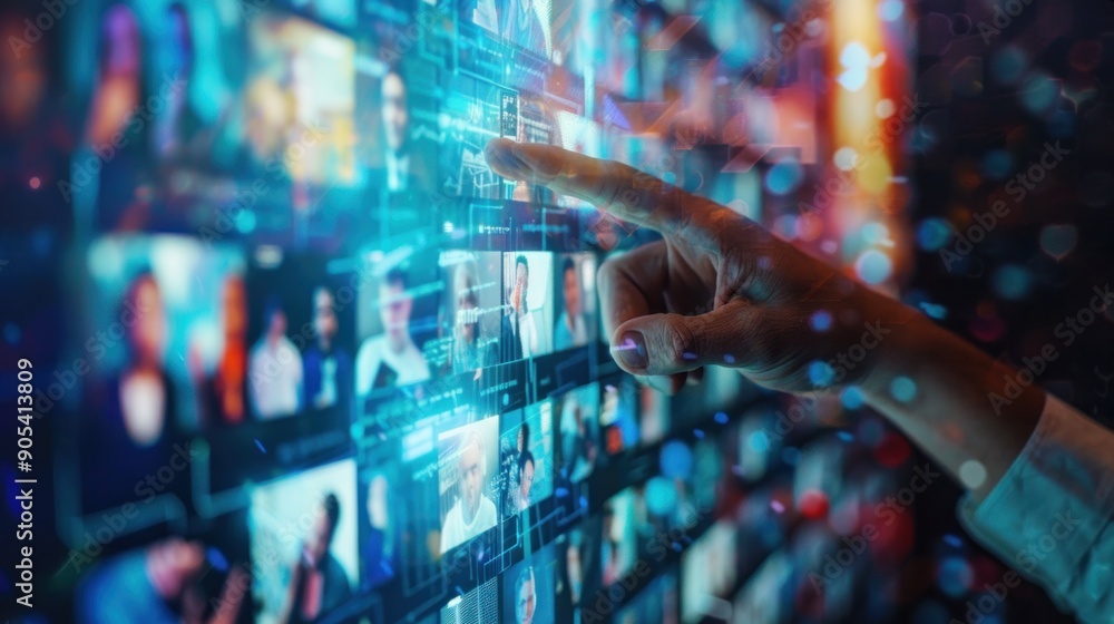Poster a man is pointing at a computer screen with a lot of people on it