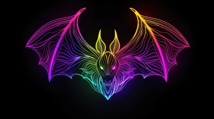 Obraz premium Colorful neon bat illustration with glowing lines against black background, perfect for Halloween, design projects, and digital art.