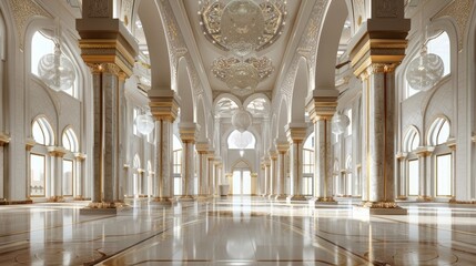Grand Hallway in a Mosque with Marble Columns and Gold Trim