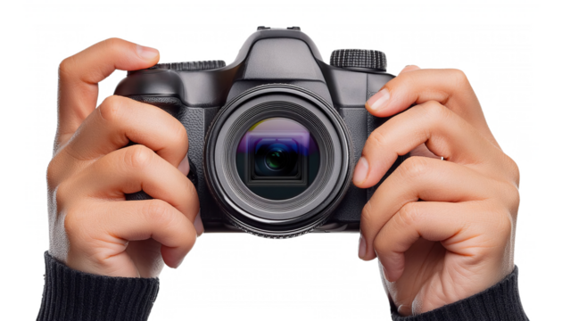 Hands holding a professional black DSLR camera with visible lens details, cut out transparent isolated PNG