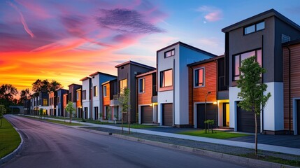 Obraz premium a row of townhouses at dusk. residential home in a modern development. modern building