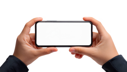 Hands Holding Smartphone Horizontally with Blank Screen