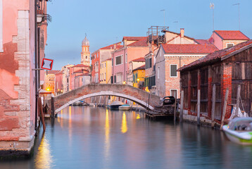 San Trovaso canal with a bridge at dawn in the Dorsoduro district of Venice, Italy