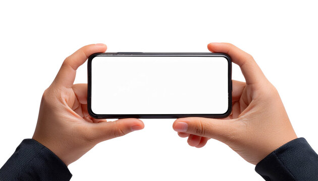 Hands Holding Smartphone Horizontally with Blank Screen