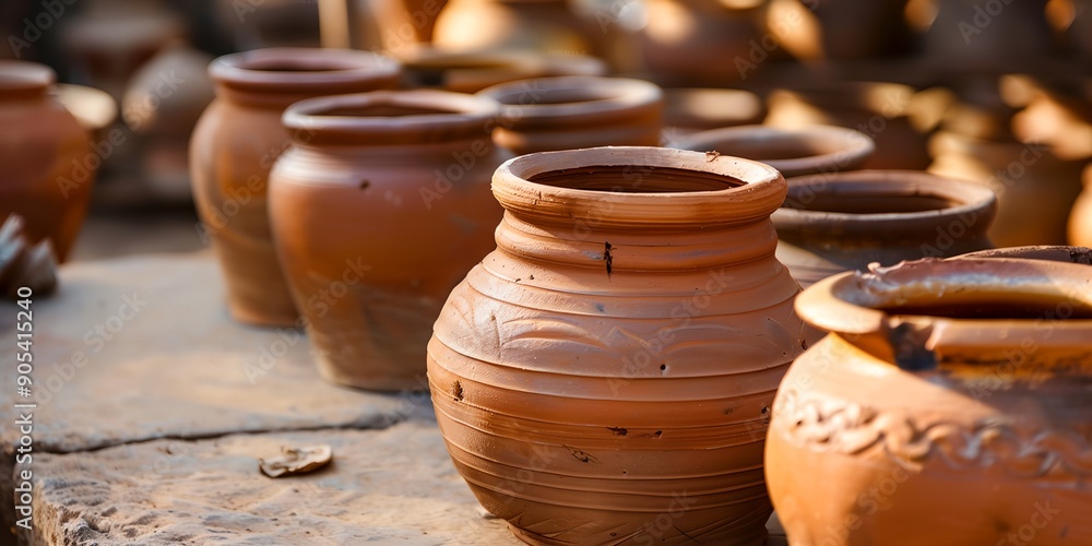 Poster a row of clay pots are lined up on a stone surface. the pots are of various sizes and shapes, and th