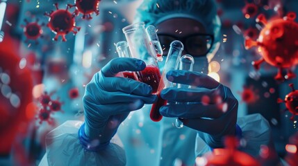 A scientist holding medical testing tubes or vials showcasing pharmaceutical research, featuring blood cells and a potential virus cure utilizing DNA genome sequencing biotechnology.