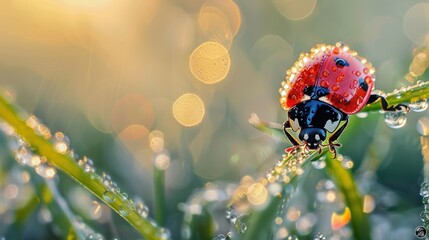 Obraz premium A serene and enchanting scene of a ladybird perched delicately on a blade of grass, its vibrant red shell glistening with fresh morning dew