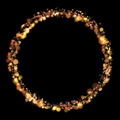 Gold sparkle or glitter lights effect round or circle frame, transparent light bokeh, isolated. Golden border, jewel deco art. Shining dust glowing confetti. Spark object. Png