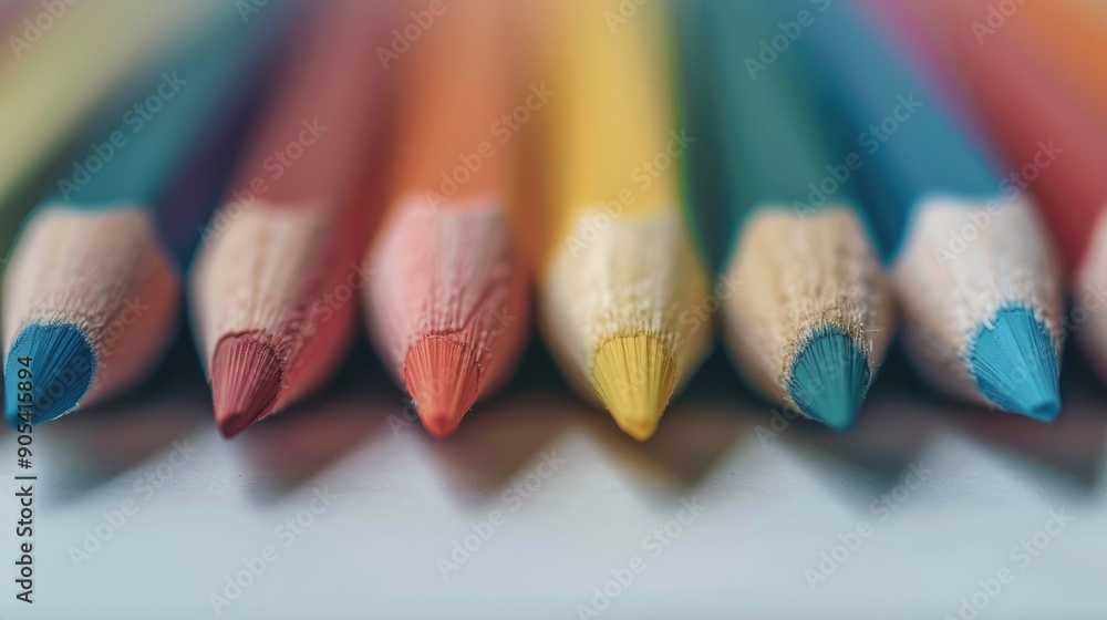 Poster color pencils in close up with varied colors on a white surface captured with a macro lens and a ver