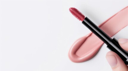 Obraz premium Person holding a long-lasting liquid lipstick applicator near lips, liquid lipstick, makeup application