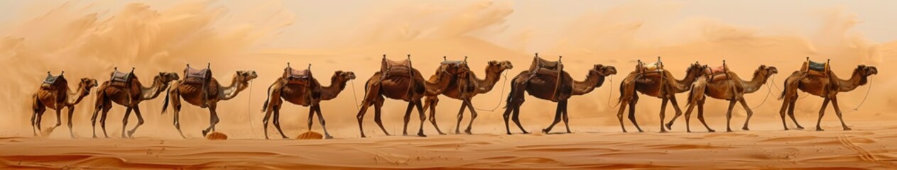 Fototapeta premium A Caravan of Camels Marching Together in a Warm Desert, Embracing the Spirit of Journey and Adventure