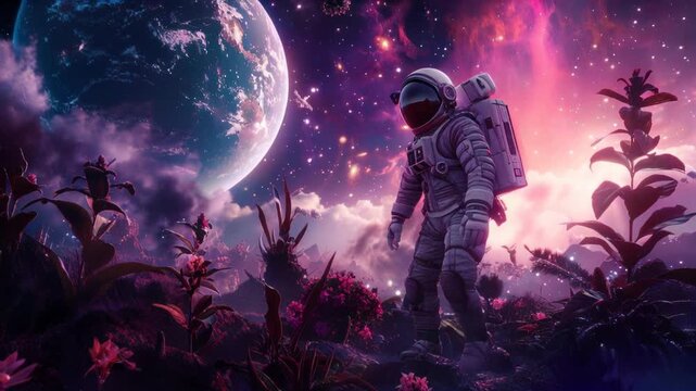 Astronaut exploring an alien planet with colorful plants under a starry sky and a large planet in the background