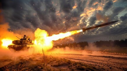Fototapeta premium A tank firing a missile