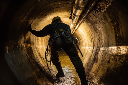Worker navigating through a narrow underground tunnel