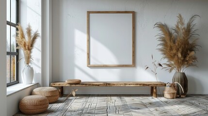 Blank picture frame mock-up on wall. clean minimalist interior, frame mock-up, modern home space.