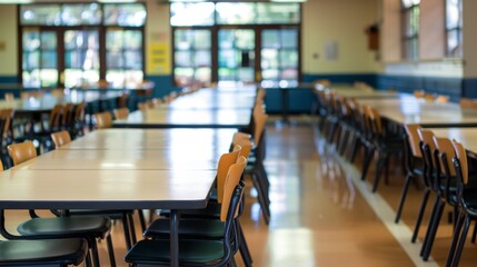 Empty Classroom with Tables and Chairs.
